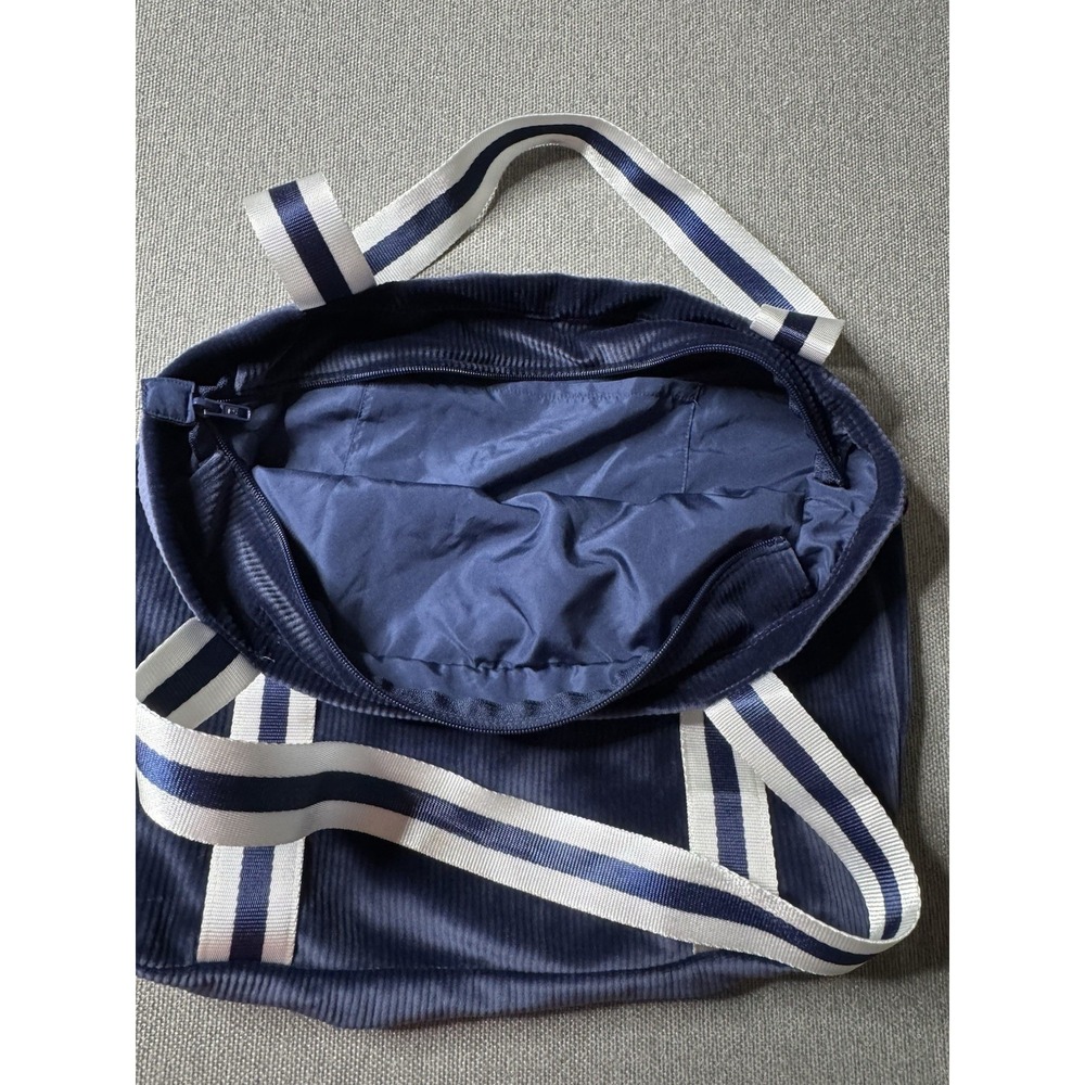 Women's Blue Solid Tote Bag White/Blue Striped Canvas Double Handles - Picture 6 of 9